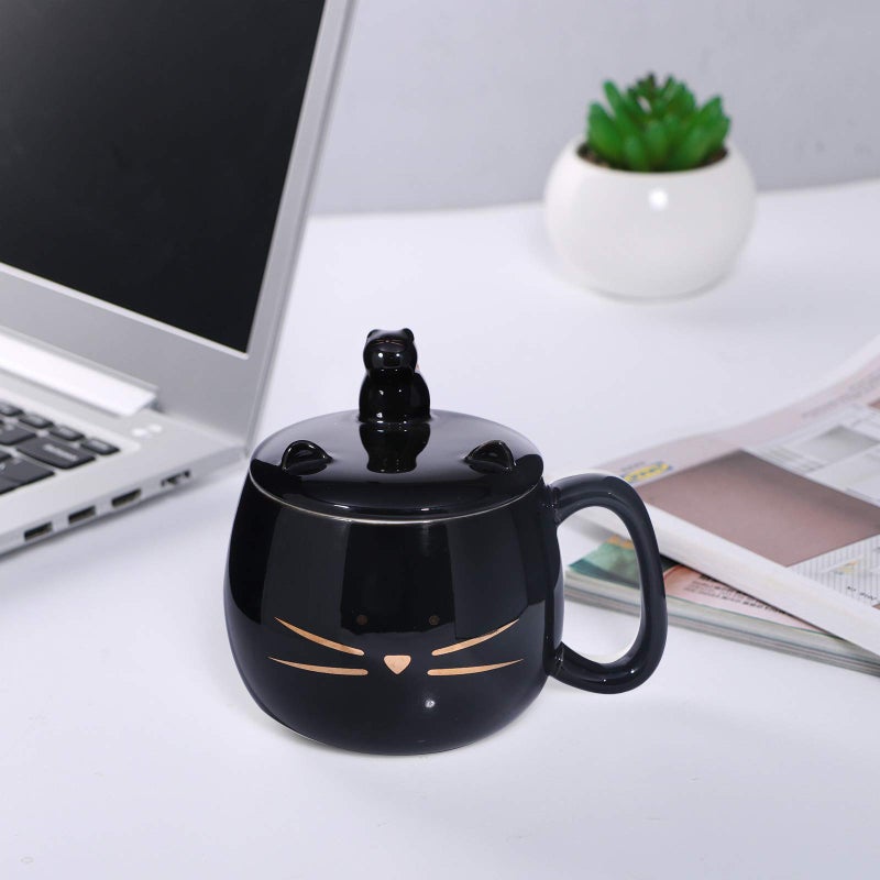 Koolkatkoo Cute Cat Coffee Mug With Cell Phone Holder Lid - Unique Ceramic Tea Porcelain Cup for Cat Lovers - Gold Black Gift for Women - Image 4